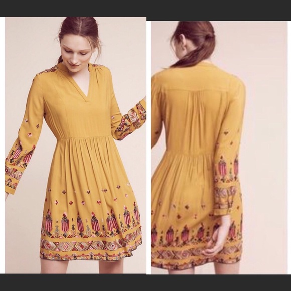 Anthropologie Dresses & Skirts - Anthro Floreat Mustard Yellow Embroidered Dress XS